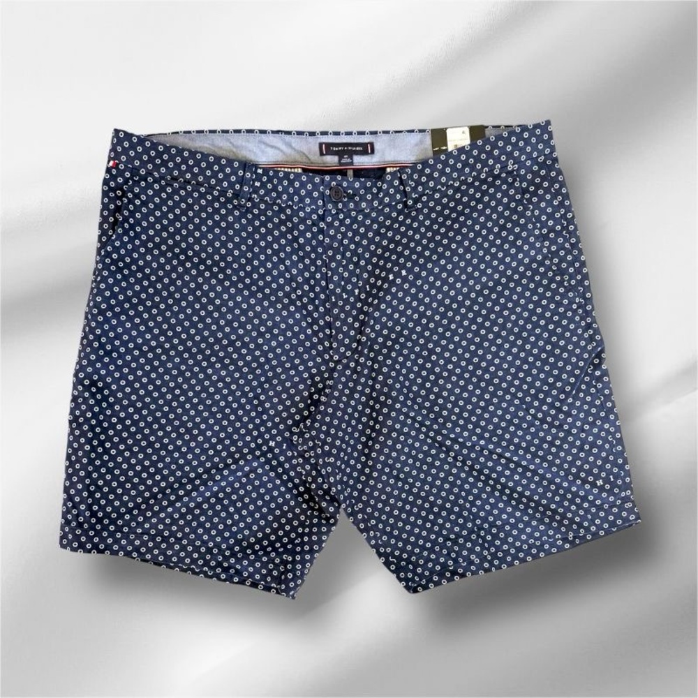 Men's W40 XXL Linen Hilfiger Navy Blue White Geo Print 'Brooklyn' Shorts Stretch